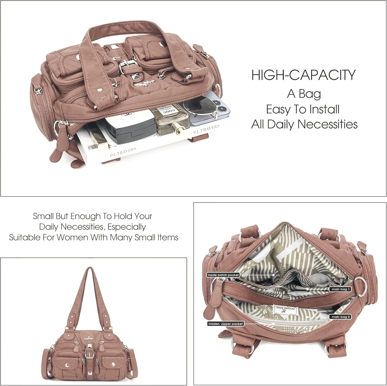 Angel Kiss Hobo Crossbody Purses for Women Shoulder Bag Multipocket Soft Hobo Purses Removable Strap Leather Handbags