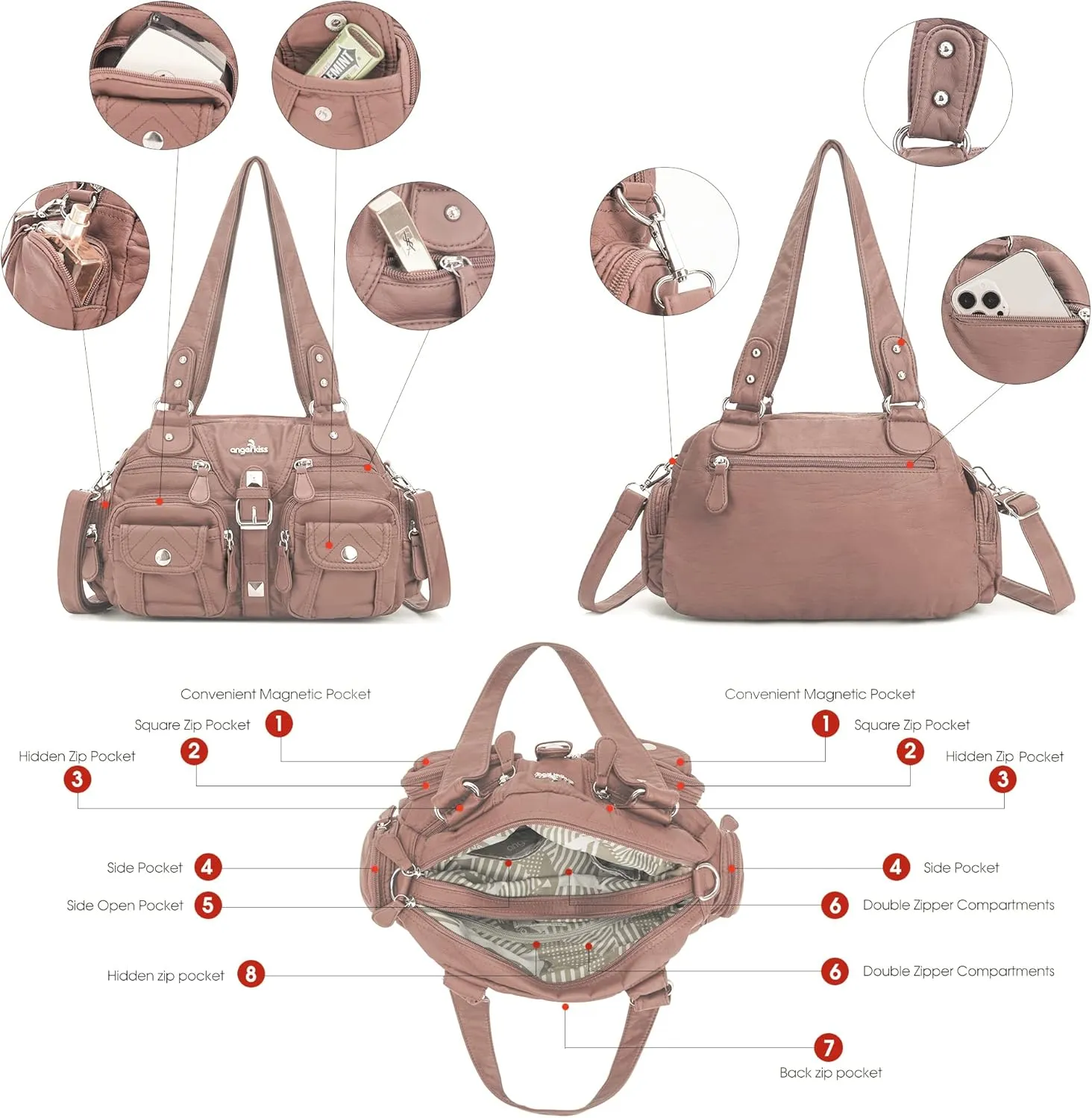 Angel Kiss Hobo Crossbody Purses for Women Shoulder Bag Multipocket Soft Hobo Purses Removable Strap Leather Handbags
