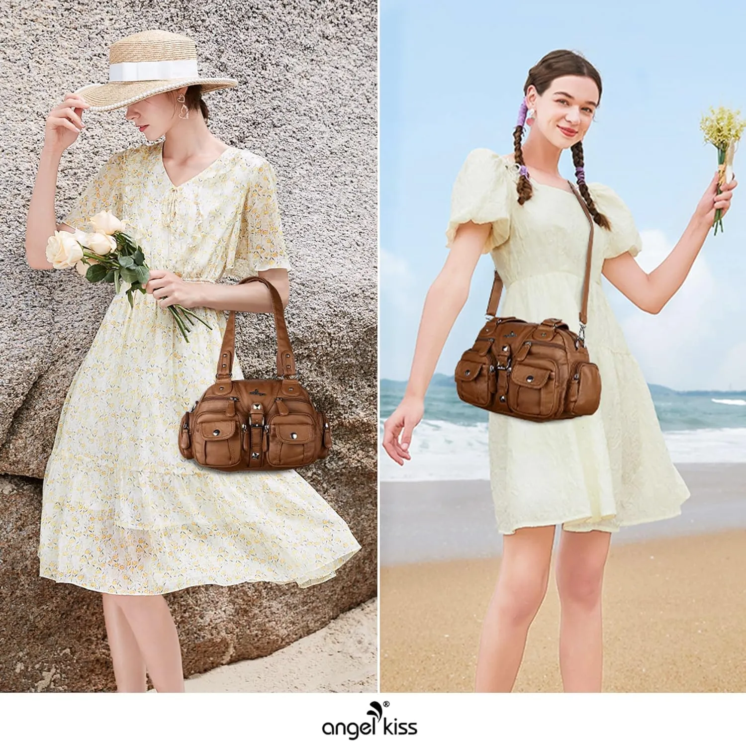 Angel Kiss Hobo Crossbody Purses for Women Shoulder Bag Multipocket Soft Hobo Purses Removable Strap Leather Handbags