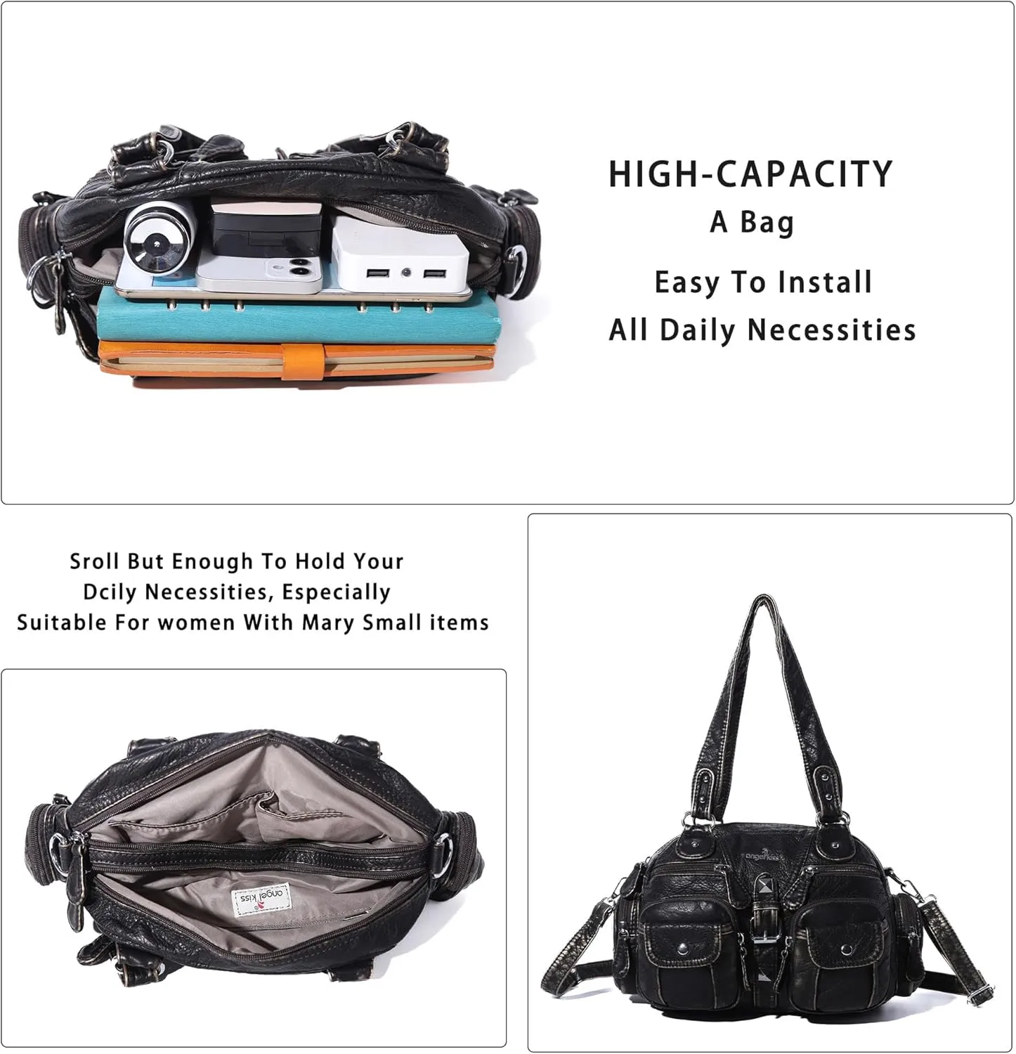 Angel Kiss Hobo Crossbody Purses for Women Shoulder Bag Multipocket Soft Hobo Purses Removable Strap Leather Handbags