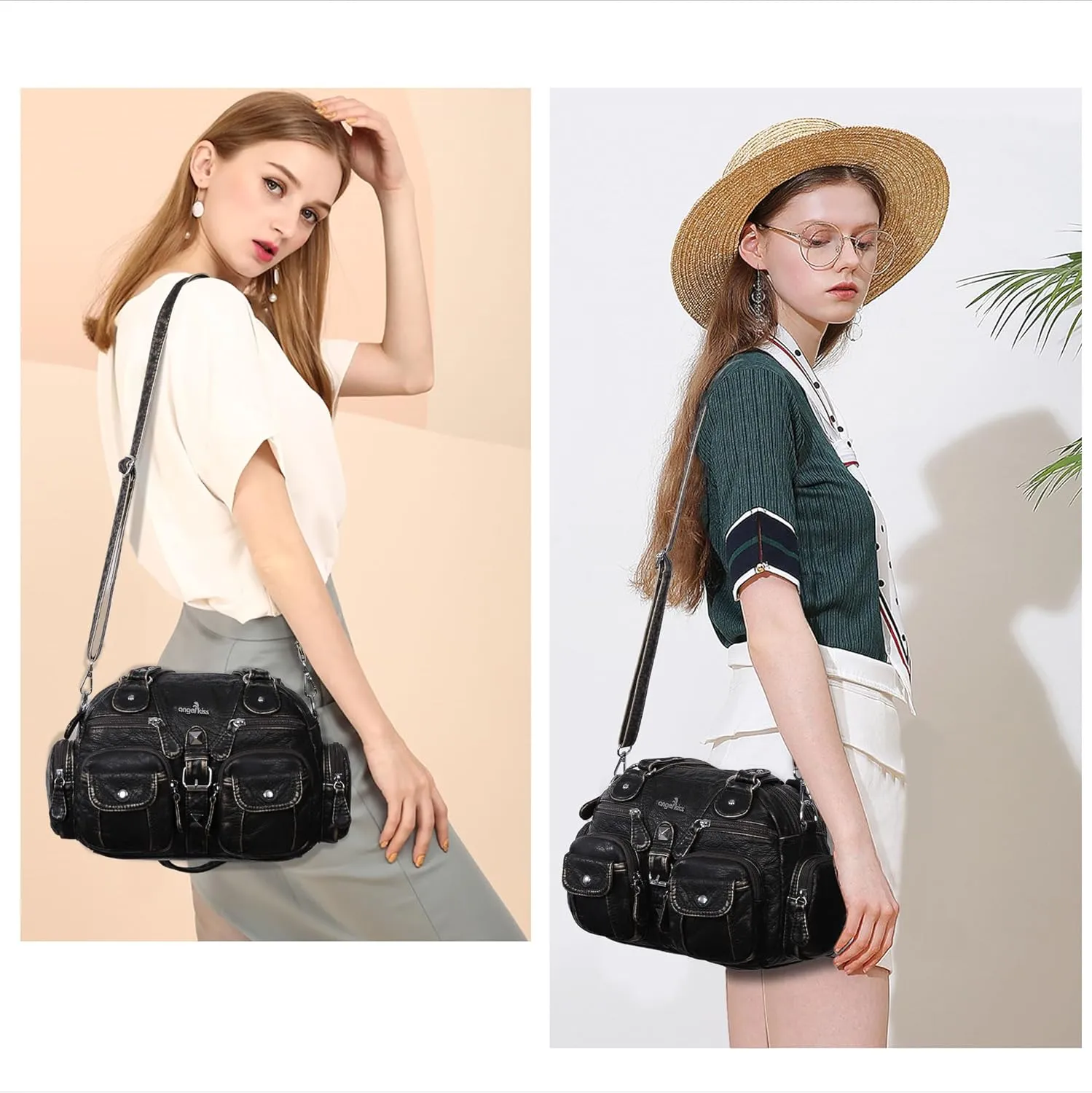 Angel Kiss Hobo Crossbody Purses for Women Shoulder Bag Multipocket Soft Hobo Purses Removable Strap Leather Handbags