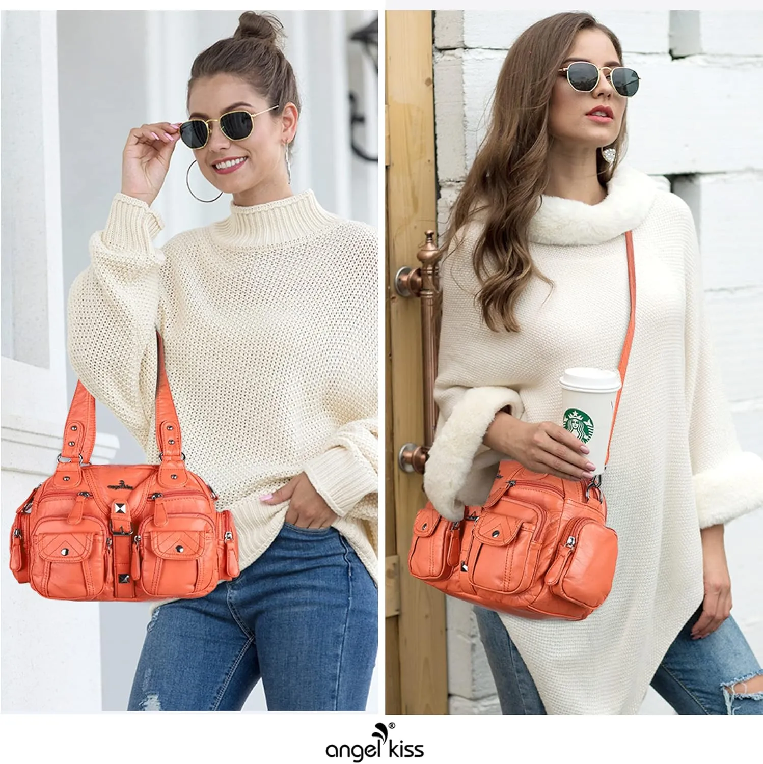 Angel Kiss Hobo Crossbody Purses for Women Shoulder Bag Multipocket Soft Hobo Purses Removable Strap Leather Handbags
