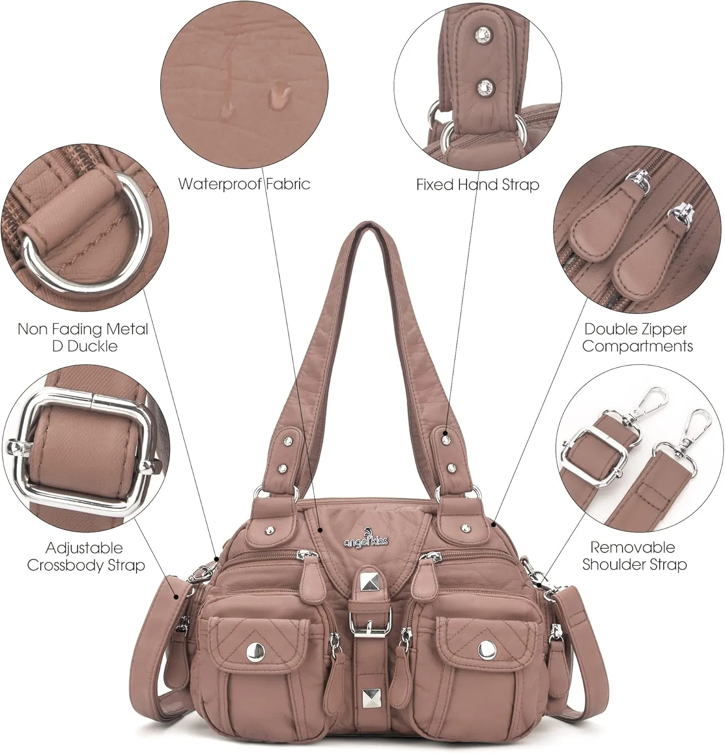 Angel Kiss Hobo Crossbody Purses for Women Shoulder Bag Multipocket Soft Hobo Purses Removable Strap Leather Handbags