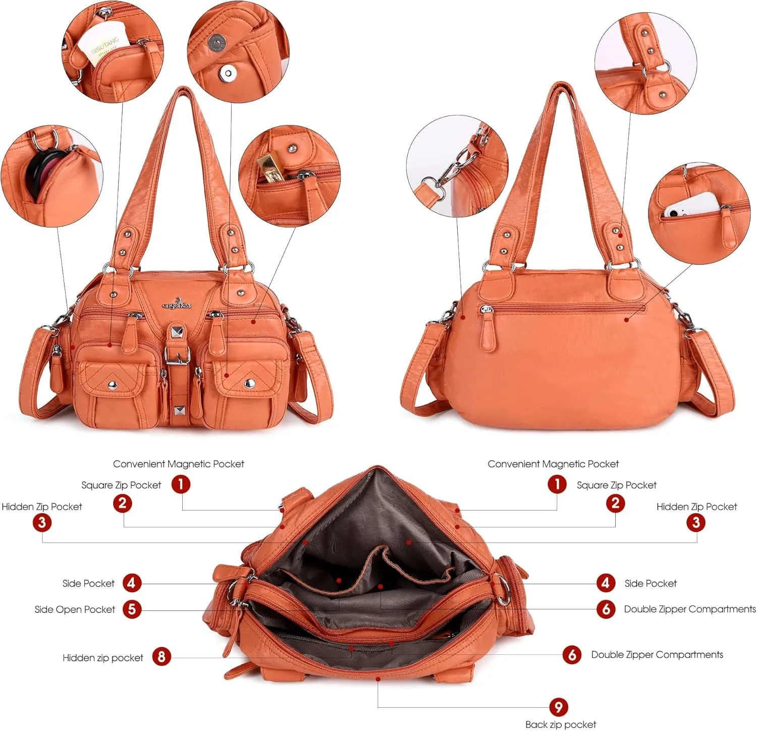 Angel Kiss Hobo Crossbody Purses for Women Shoulder Bag Multipocket Soft Hobo Purses Removable Strap Leather Handbags
