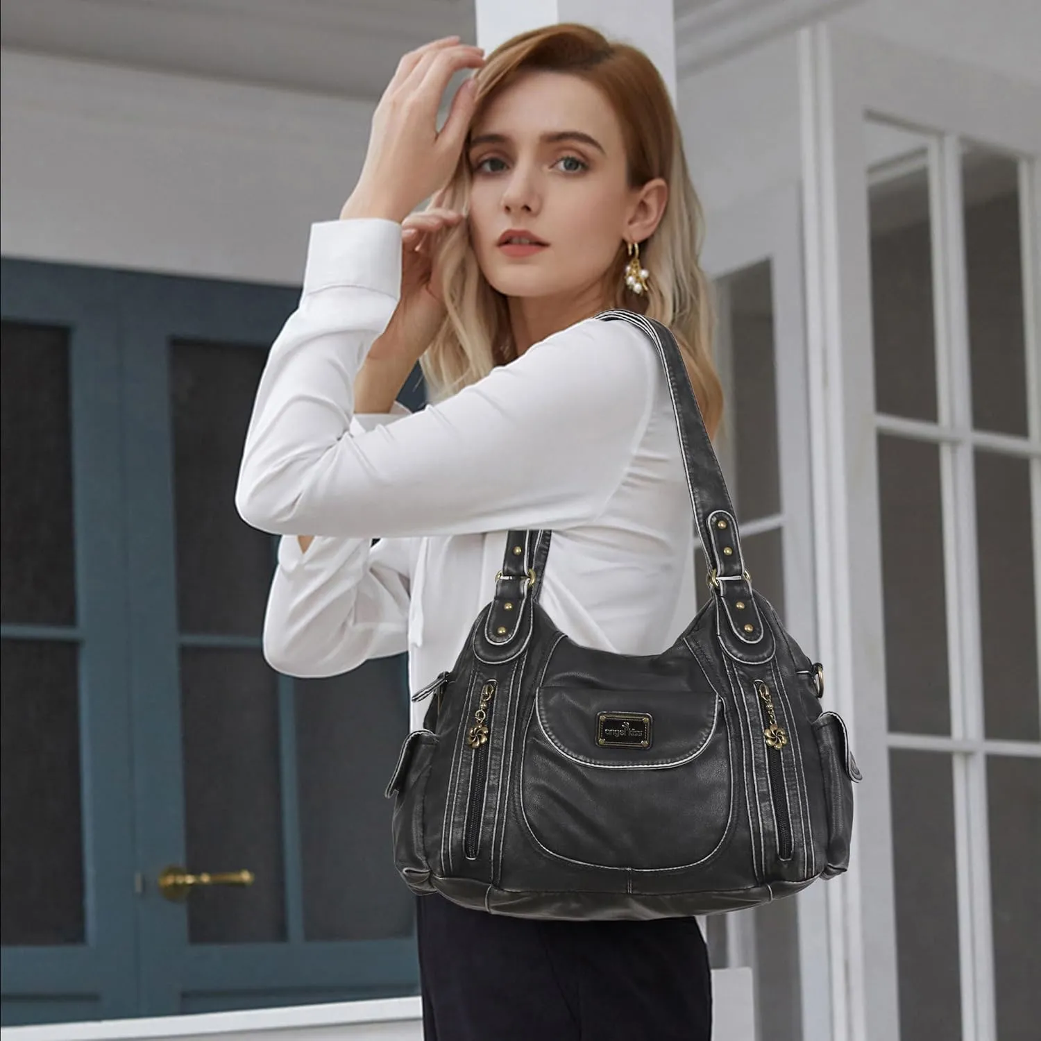 Angel Kiss Purses for Women, Large Shoulder Bag Hobo Tote Purse Mutipocket Faux Leather Satchel Hobo Purse
