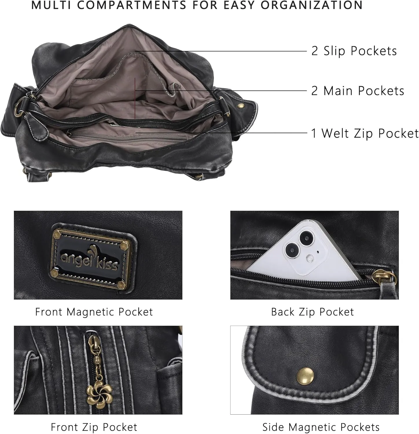 Angel Kiss Purses for Women, Large Shoulder Bag Hobo Tote Purse Mutipocket Faux Leather Satchel Hobo Purse