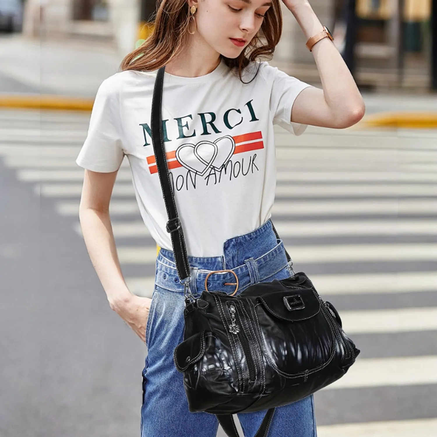 Angel Kiss Purses for Women, Large Shoulder Bag Hobo Tote Purse Mutipocket Faux Leather Satchel Hobo Purse