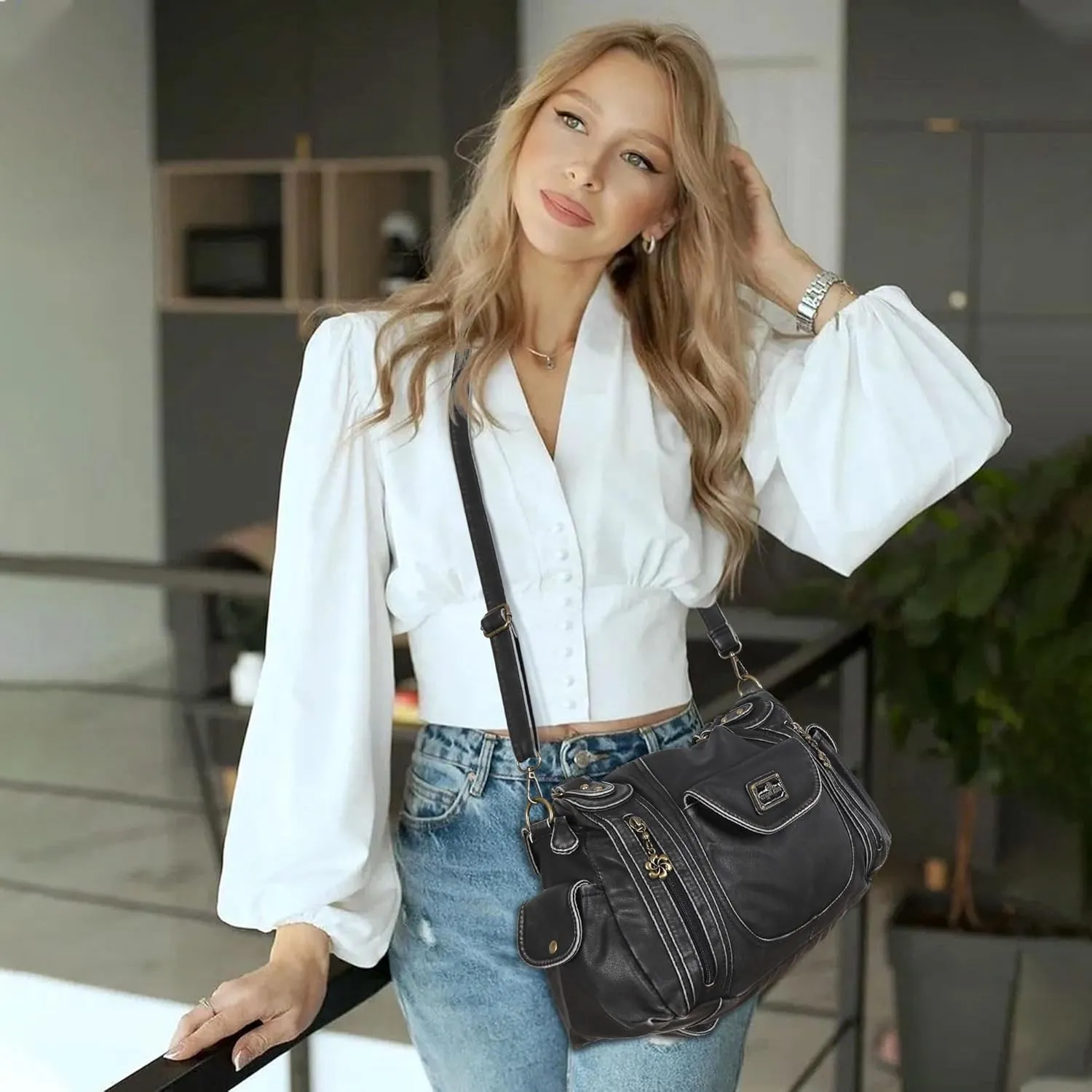 Angel Kiss Purses for Women, Large Shoulder Bag Hobo Tote Purse Mutipocket Faux Leather Satchel Hobo Purse