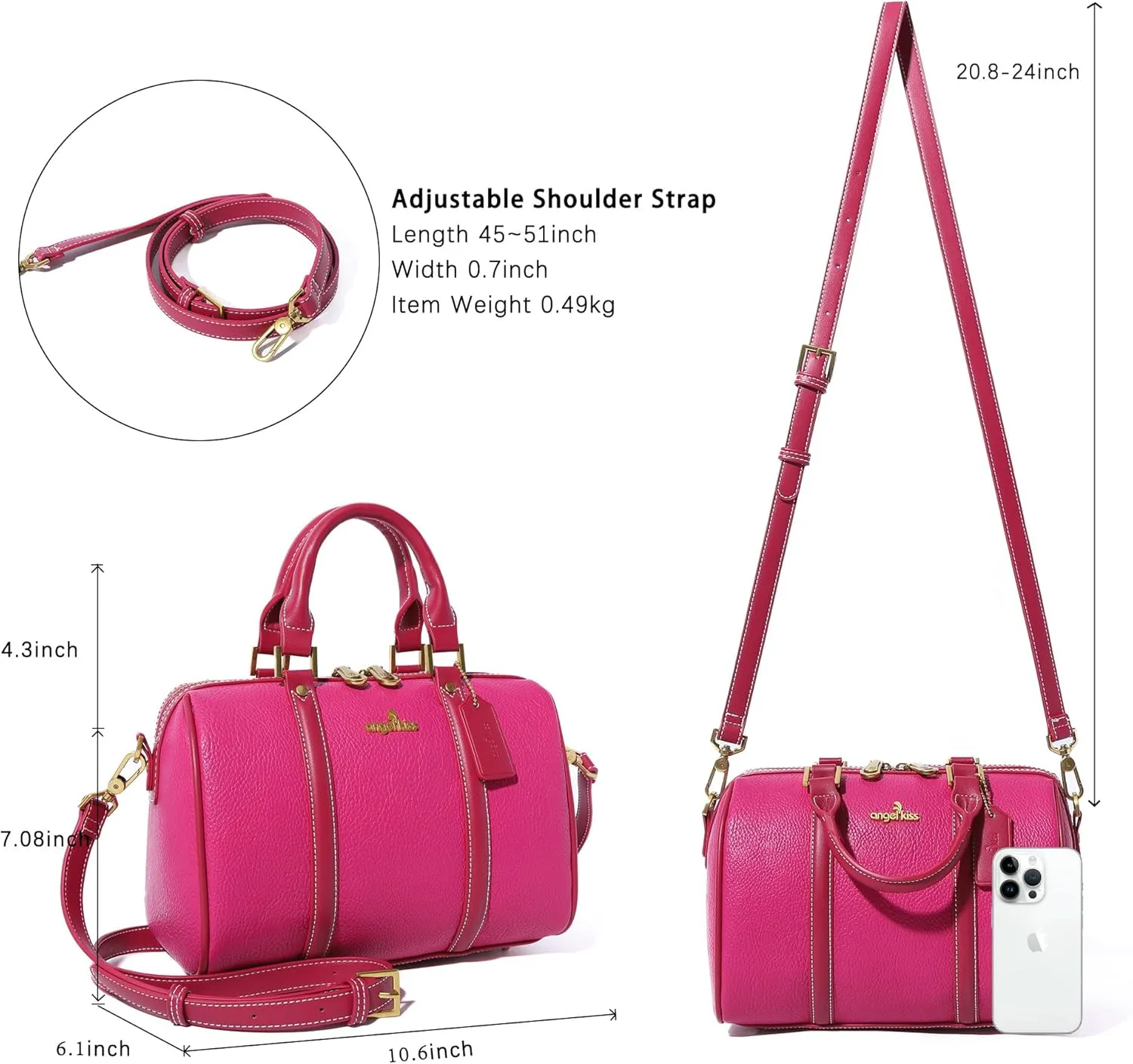 Angel Kiss Women Satchel Purses and Handbags Vegan Leather Boston Barrel Bag Top Handle Shoulder Purse with Crossbody Strap