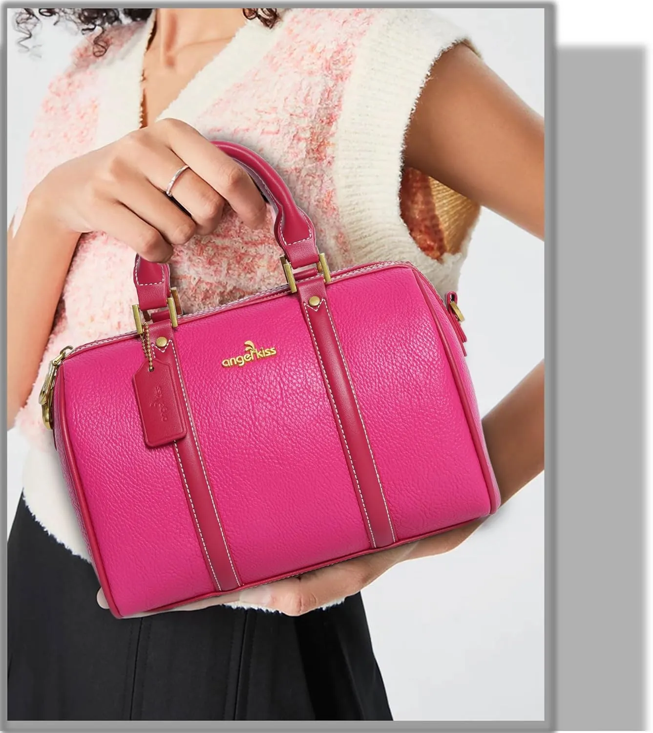 Angel Kiss Women Satchel Purses and Handbags Vegan Leather Boston Barrel Bag Top Handle Shoulder Purse with Crossbody Strap