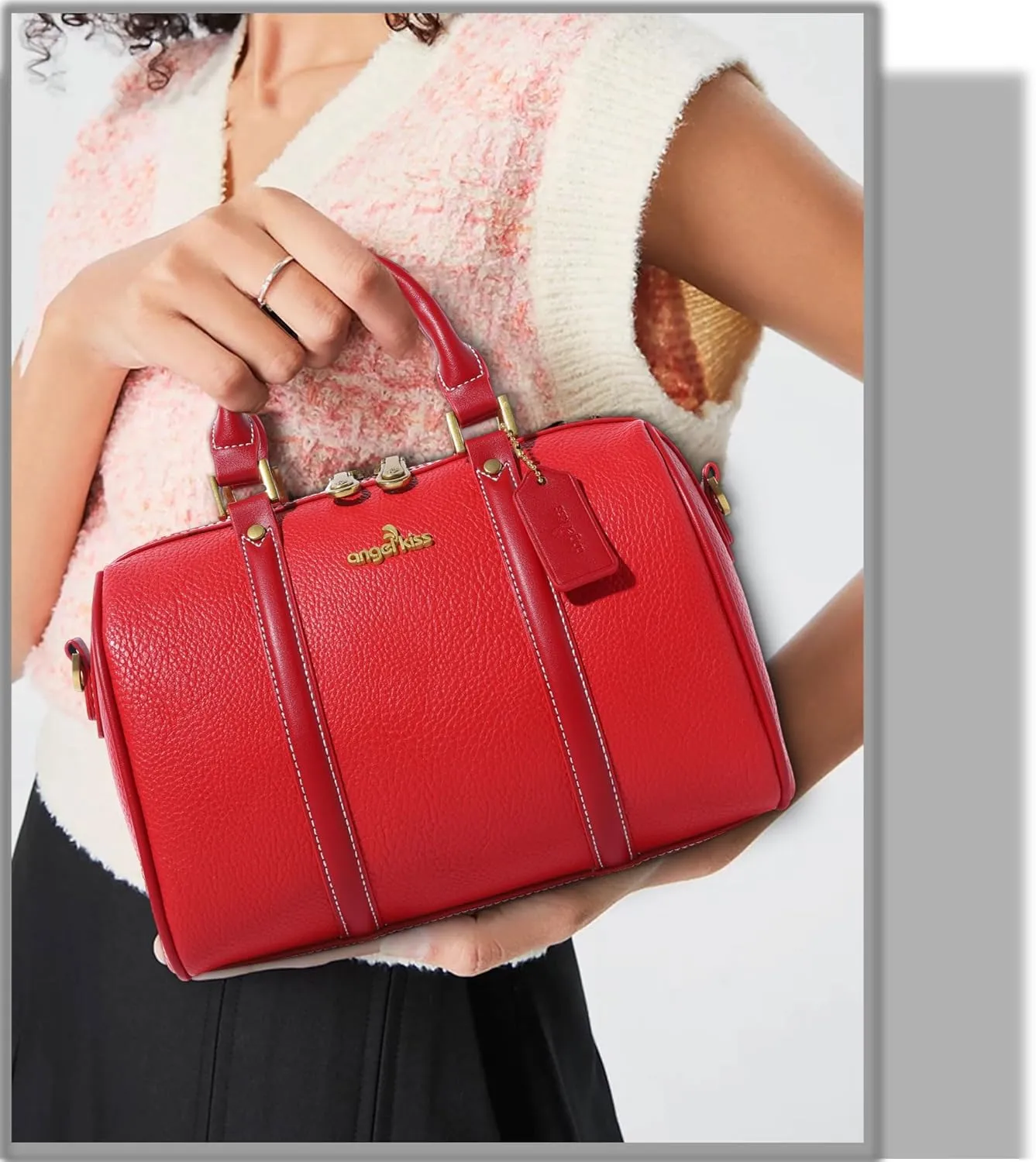 Angel Kiss Women Satchel Purses and Handbags Vegan Leather Boston Barrel Bag Top Handle Shoulder Purse with Crossbody Strap