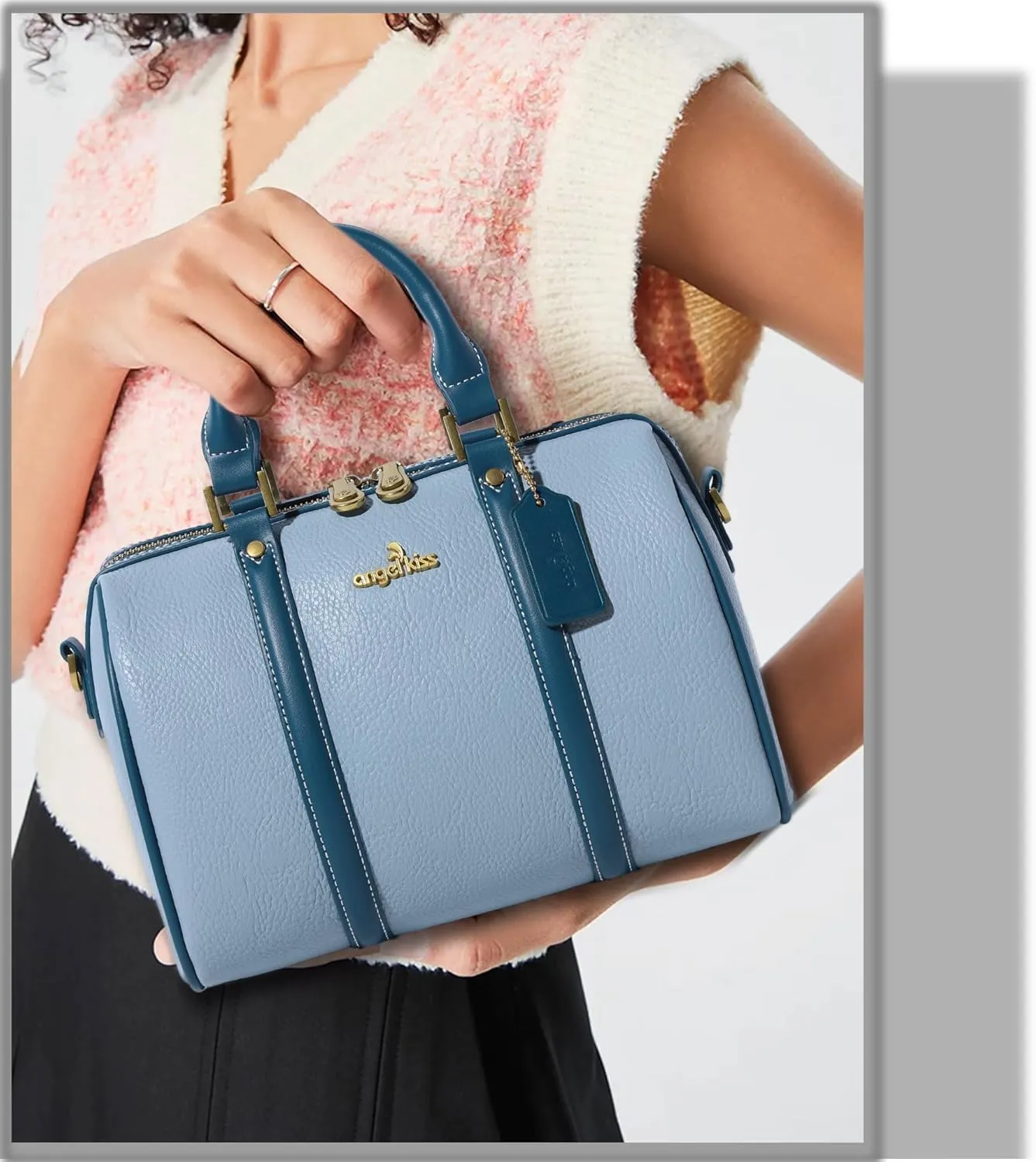 Angel Kiss Women Satchel Purses and Handbags Vegan Leather Boston Barrel Bag Top Handle Shoulder Purse with Crossbody Strap