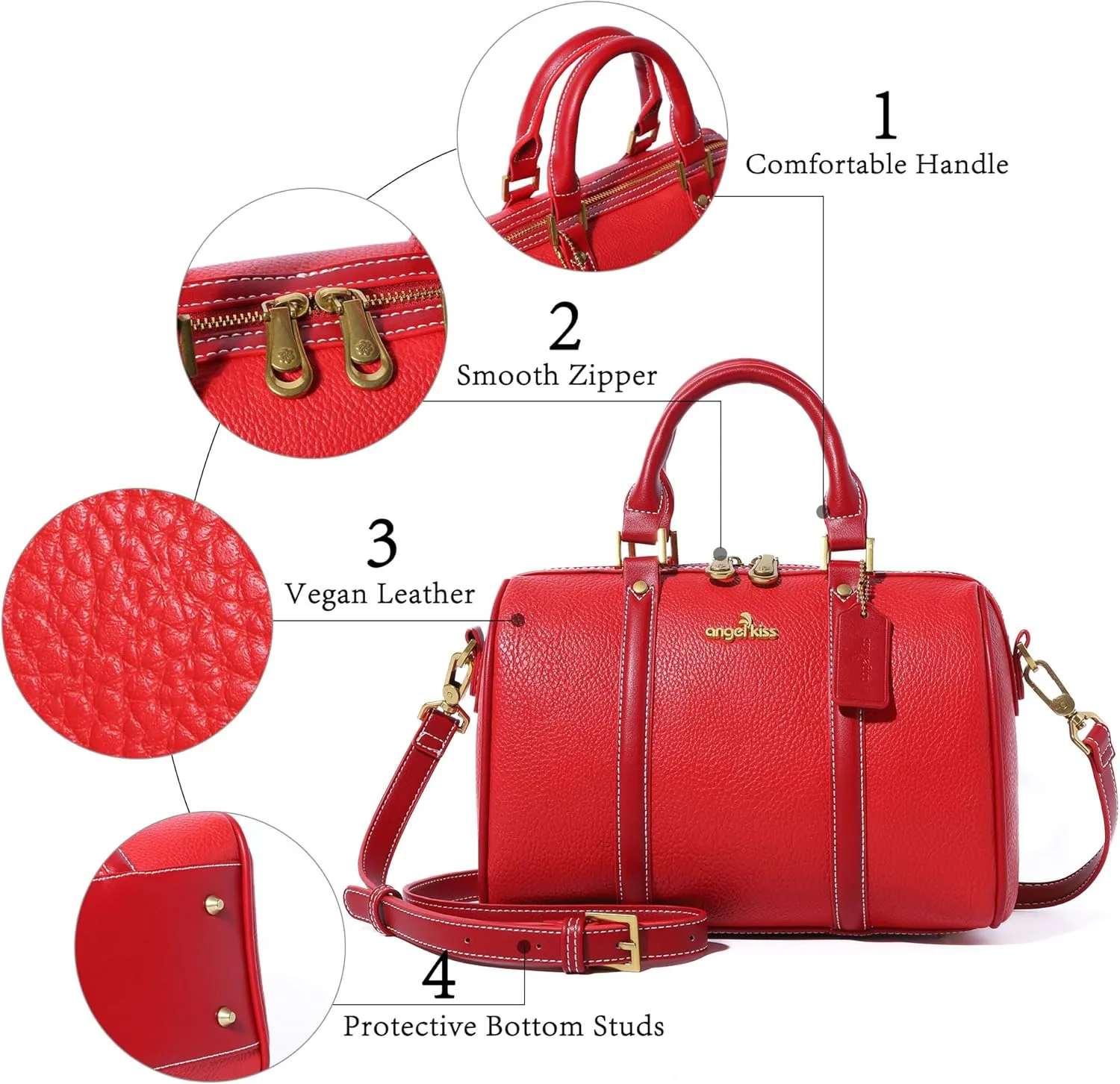 Angel Kiss Women Satchel Purses and Handbags Vegan Leather Boston Barrel Bag Top Handle Shoulder Purse with Crossbody Strap