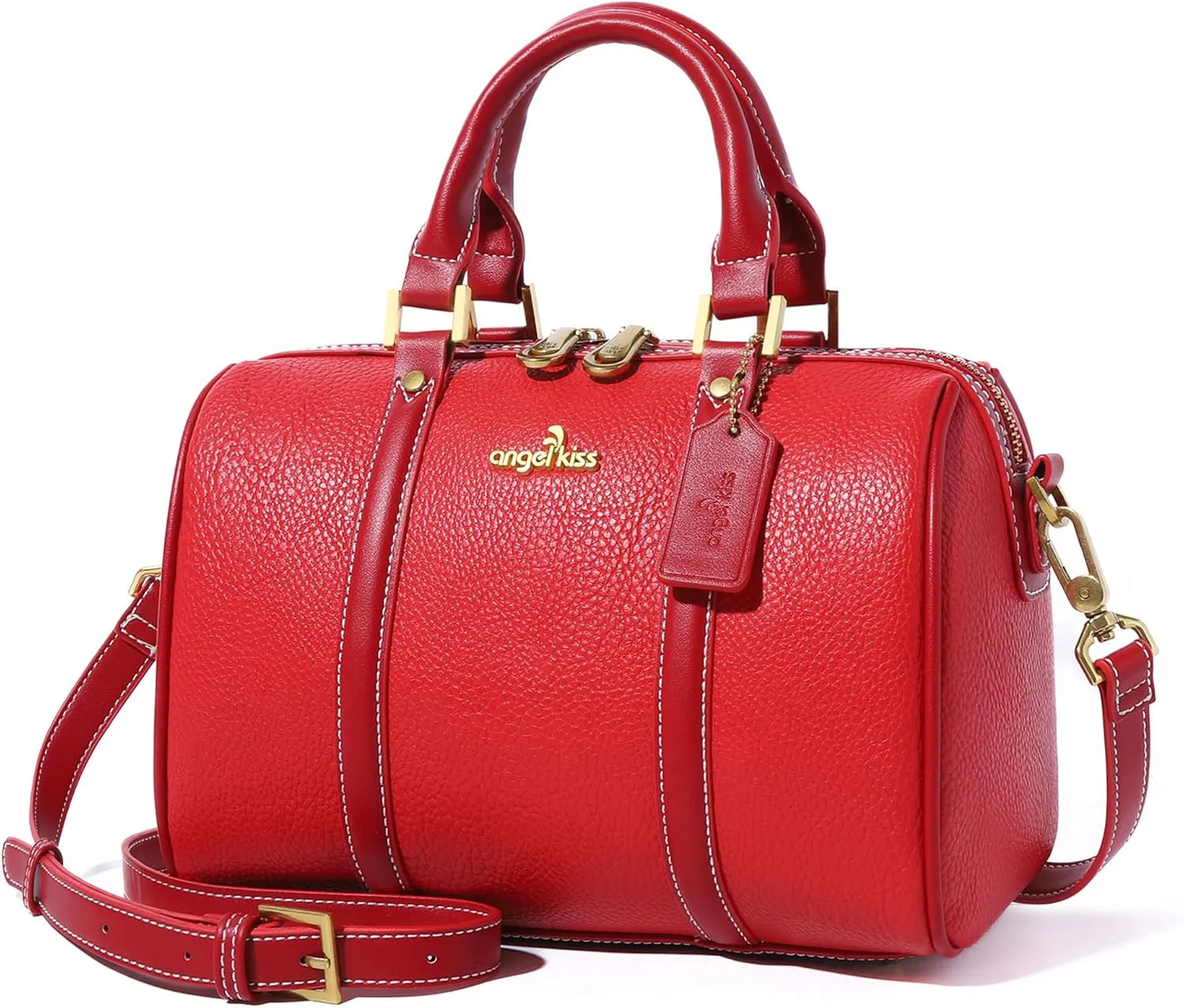 Angel Kiss Women Satchel Purses and Handbags Vegan Leather Boston Barrel Bag Top Handle Shoulder Purse with Crossbody Strap