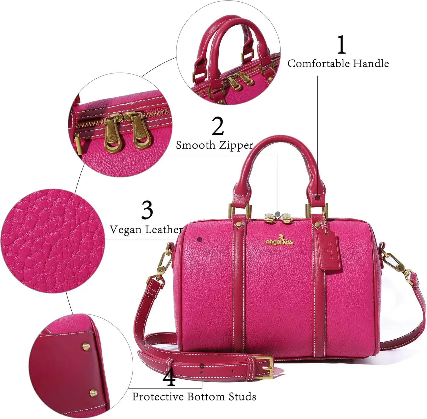 Angel Kiss Women Satchel Purses and Handbags Vegan Leather Boston Barrel Bag Top Handle Shoulder Purse with Crossbody Strap