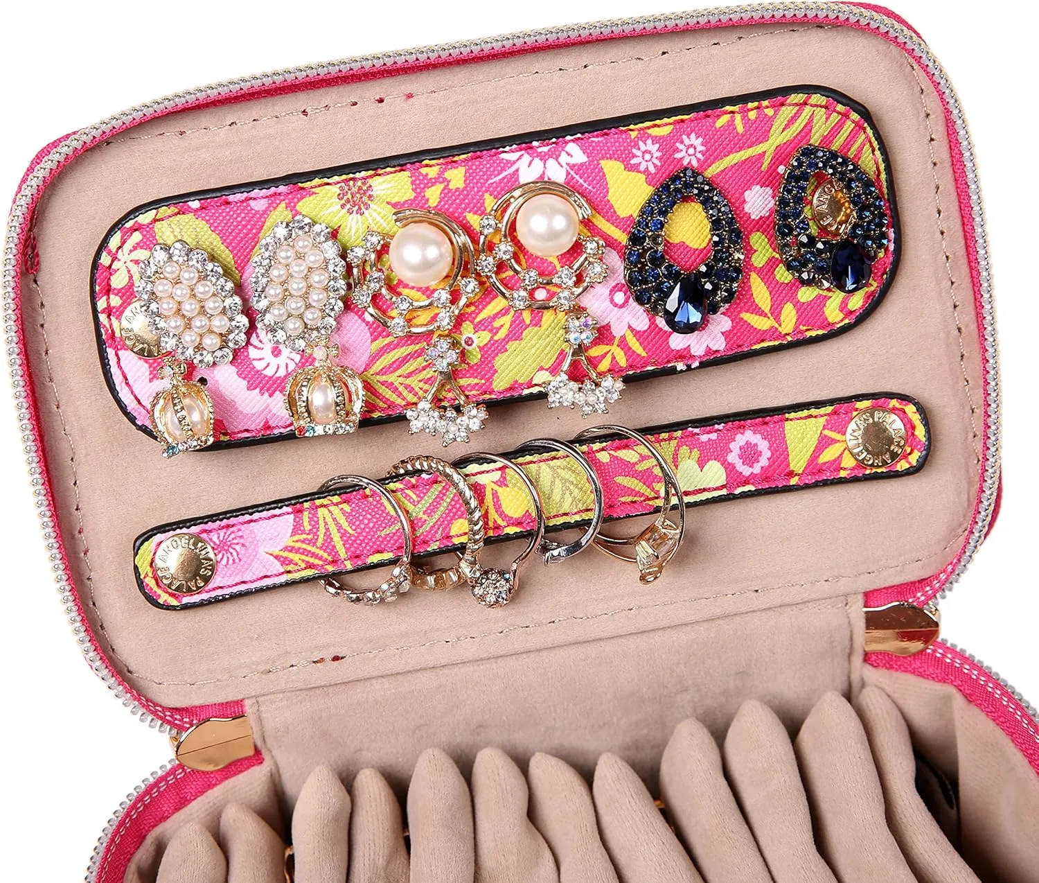 Angelina's Palace Jewelry Organizer Case Bridesmaid Gifts Travel Bag Vegan Leather Box for Necklace Earring Bracelet Ring(blossom fuschia)
