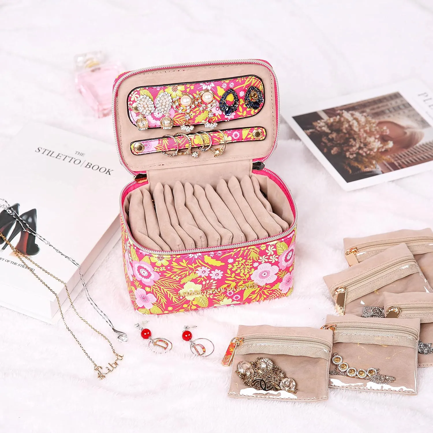 Angelina's Palace Jewelry Organizer Case Bridesmaid Gifts Travel Bag Vegan Leather Box for Necklace Earring Bracelet Ring(blossom fuschia)