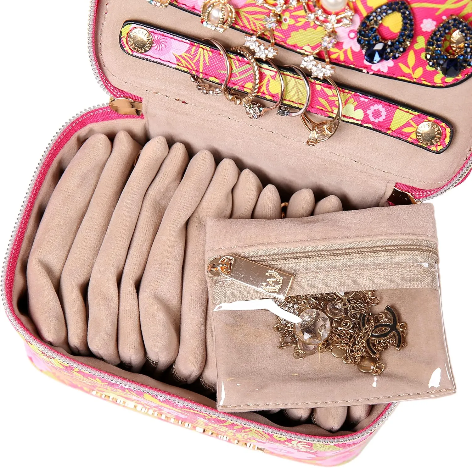 Angelina's Palace Jewelry Organizer Case Bridesmaid Gifts Travel Bag Vegan Leather Box for Necklace Earring Bracelet Ring(blossom fuschia)