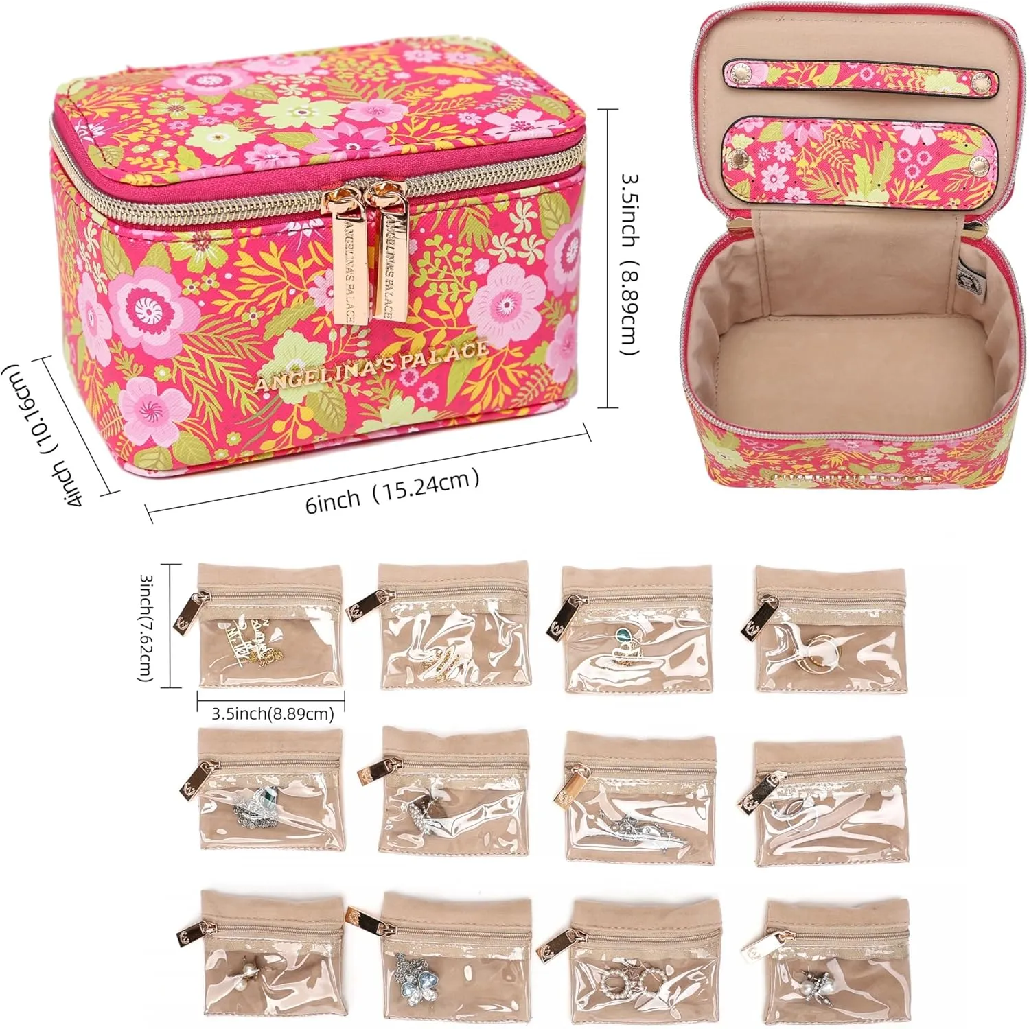 Angelina's Palace Jewelry Organizer Case Bridesmaid Gifts Travel Bag Vegan Leather Box for Necklace Earring Bracelet Ring(blossom fuschia)