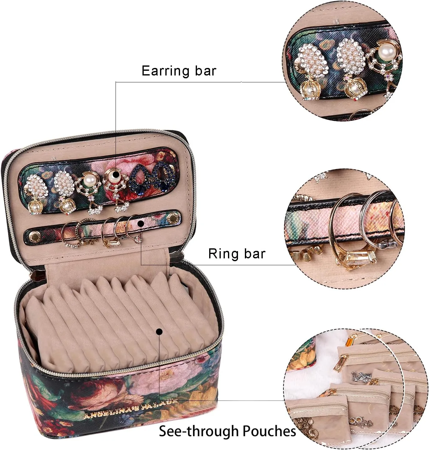 Angelina's Palace Jewelry Organizer Case Bridesmaid Gifts Travel Bag Vegan Leather Box for Necklace Earring Bracelet Ring(blossom victorian)