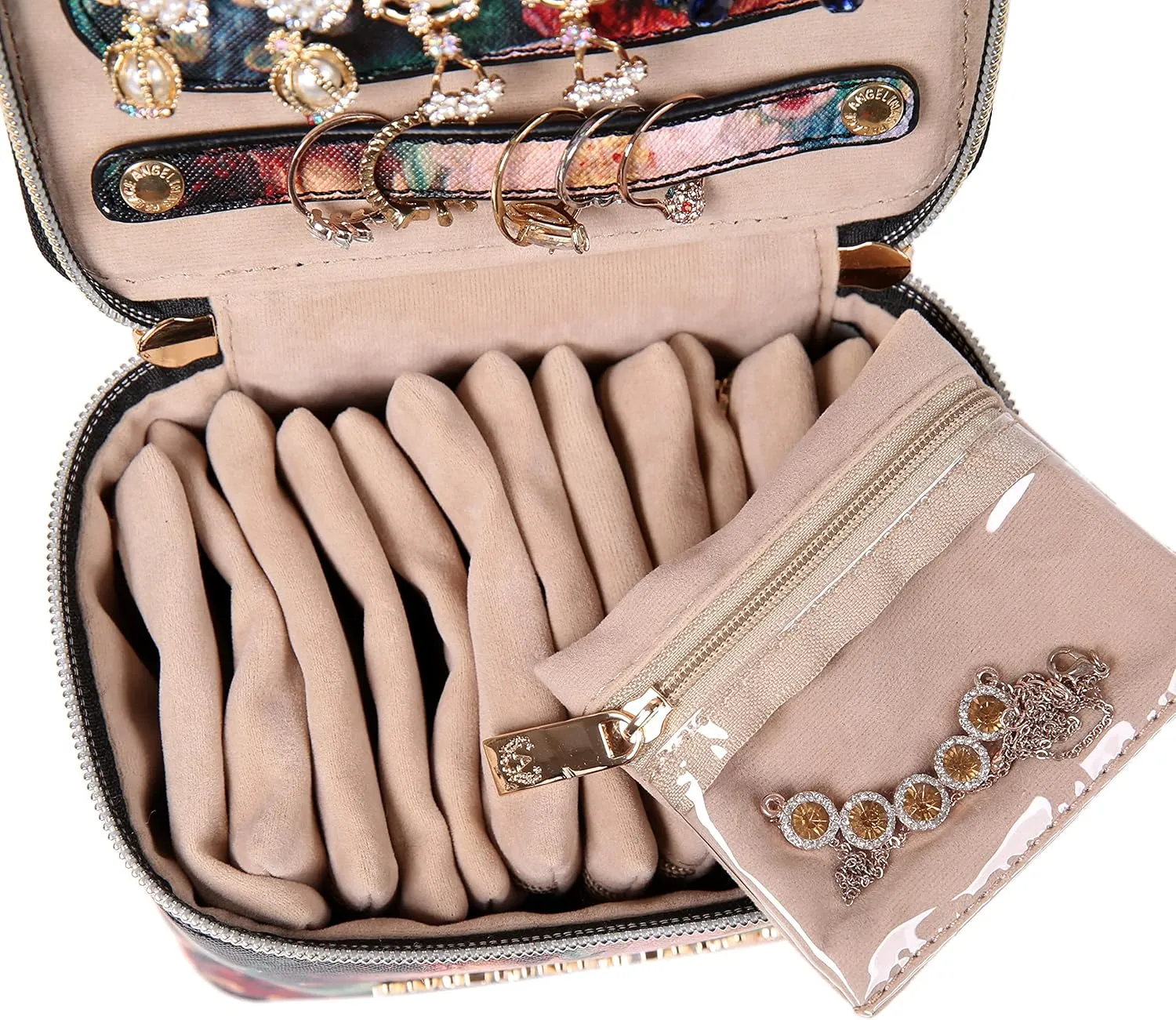 Angelina's Palace Jewelry Organizer Case Bridesmaid Gifts Travel Bag Vegan Leather Box for Necklace Earring Bracelet Ring(blossom victorian)