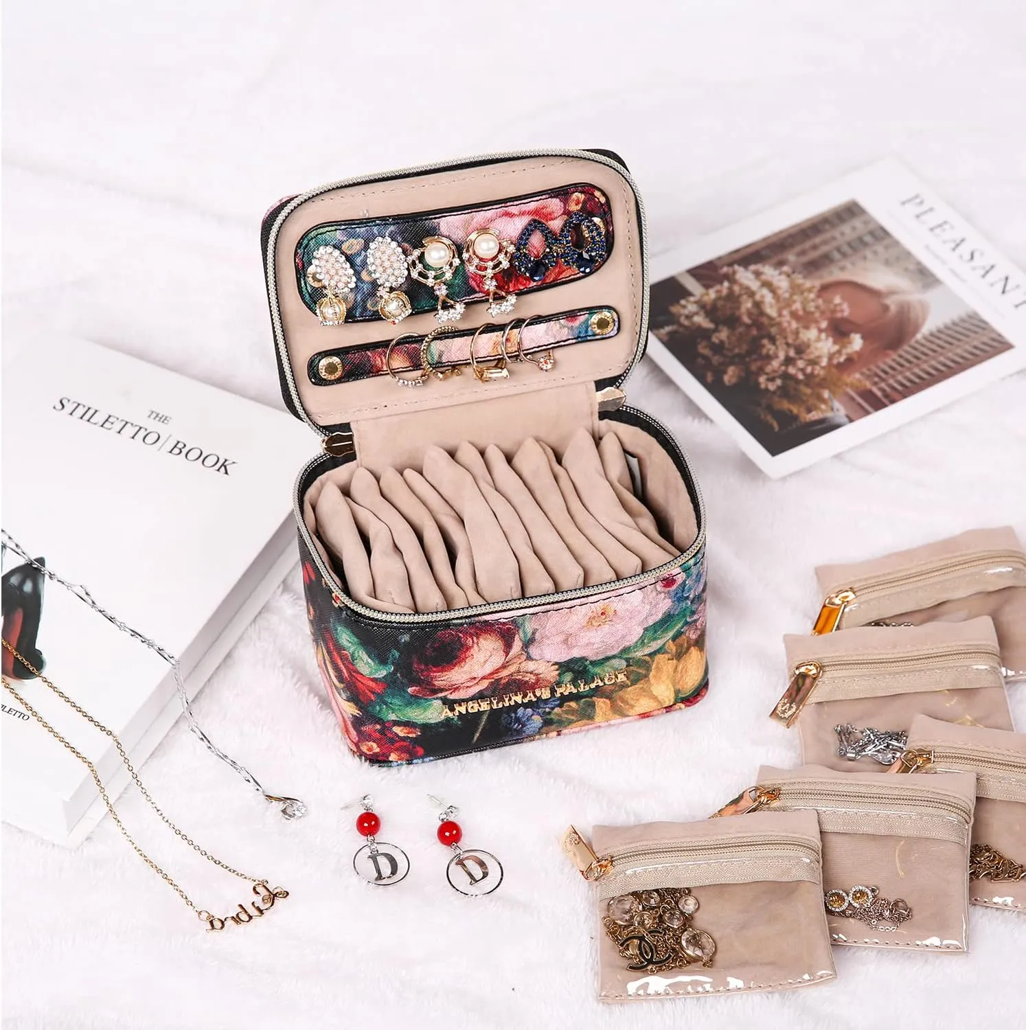 Angelina's Palace Jewelry Organizer Case Bridesmaid Gifts Travel Bag Vegan Leather Box for Necklace Earring Bracelet Ring(blossom victorian)