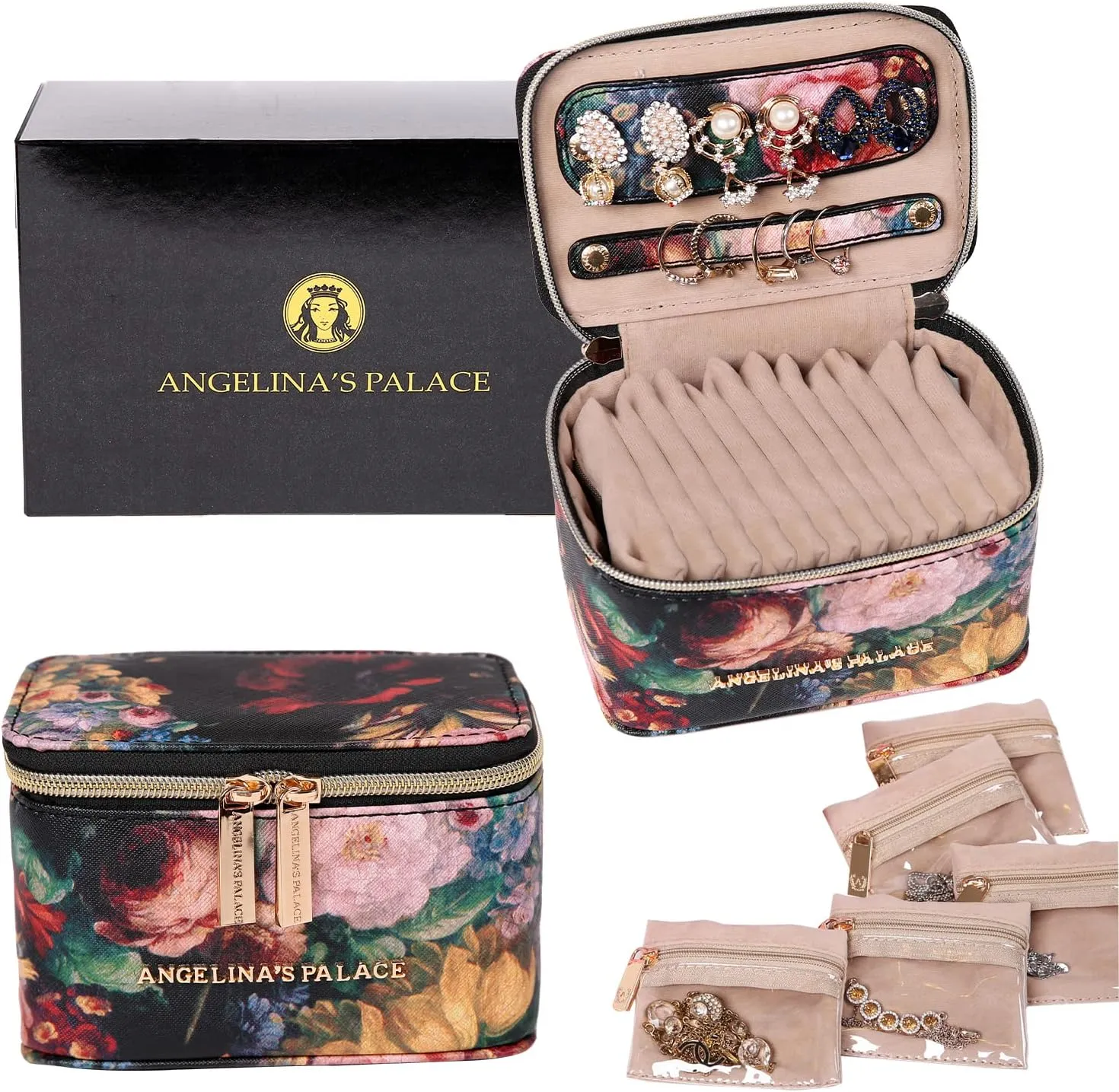 Angelina's Palace Jewelry Organizer Case Bridesmaid Gifts Travel Bag Vegan Leather Box for Necklace Earring Bracelet Ring(blossom victorian)