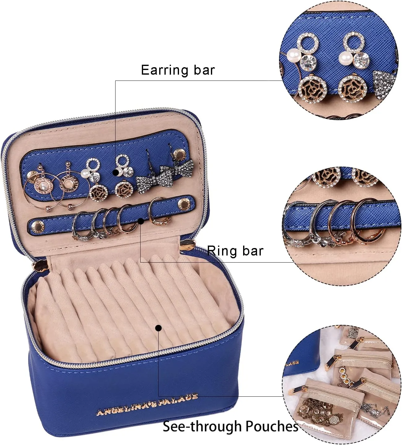 Angelina's Palace Jewelry Organizer Case Bridesmaid Gifts Travel Bag Vegan Leather Box for Necklace Earring Bracelet Ring(dark chambray)