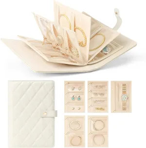 Anti-Tarnish Jewelry Organizer Book for Travel - Jewelry Storage Binder with Tangle-Free Divided Compartments & Easy-Find Clear Pouches, Mothers Day Gifts for Women, Cream