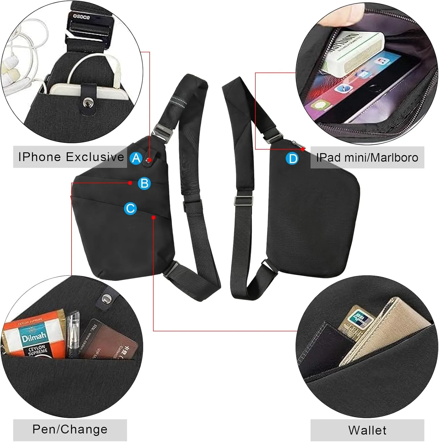 Anti Theft Crossbody Bags Sling Bag for Women Men Waterproof Wander Bag for Sports and Travel. (1-BLACK, Large)