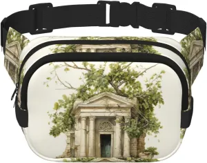 Antique Building with Roman Olive Branch and Greek Print Square Double Layer bag Waist Bag Trendy Pack Travel Bag with Adjustable Bel