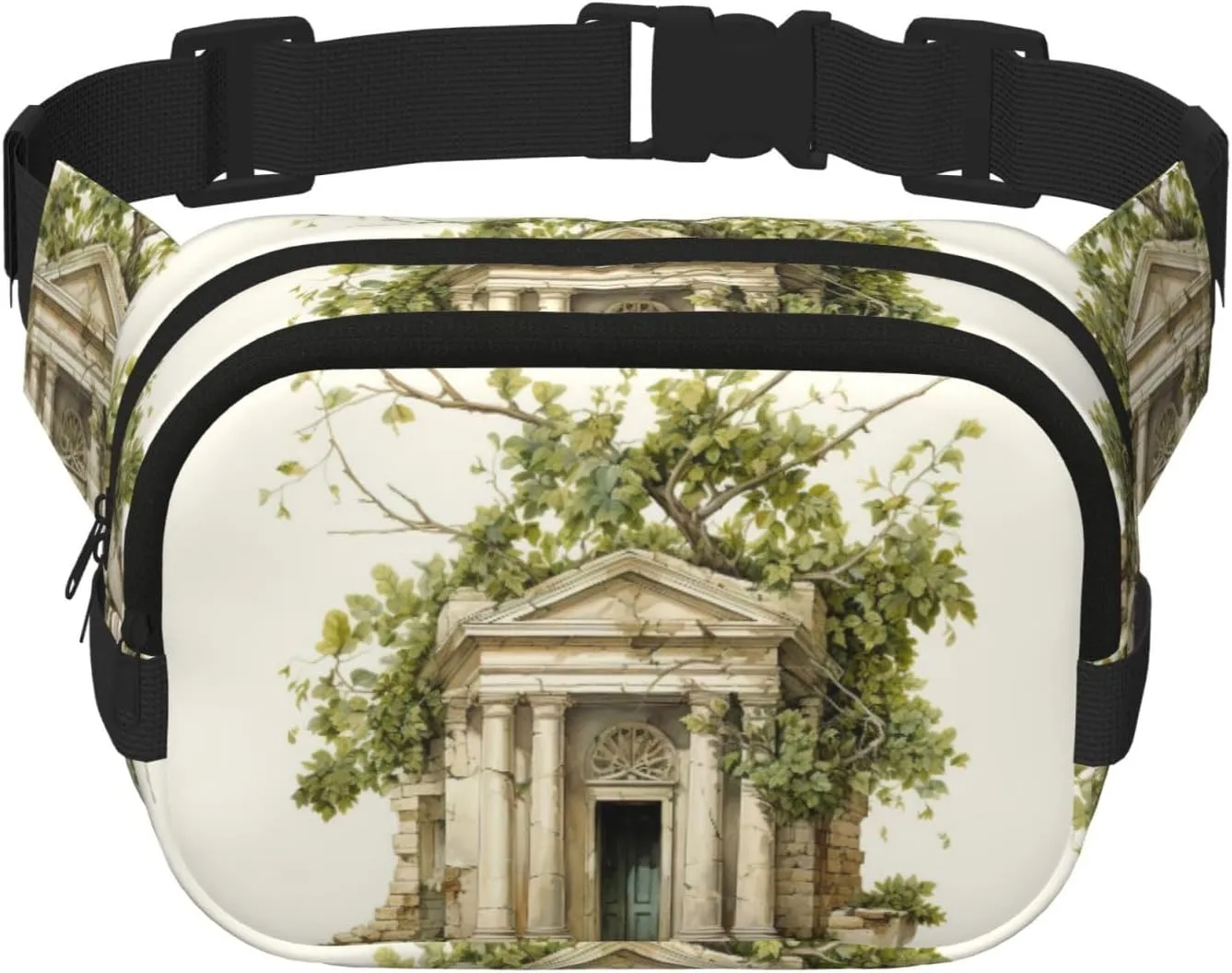 Antique Building with Roman Olive Branch and Greek Print Square Double Layer bag Waist Bag Trendy Pack Travel Bag with Adjustable Bel