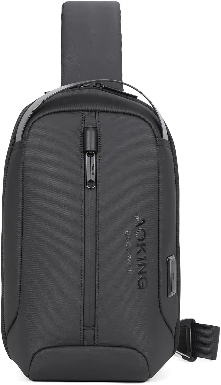 AOKING Lightweight Sling Bag for Men,Waterproof Crossbody Shoulder Backpack with USB Charging Port,Casual Cross Body Bag (Black)