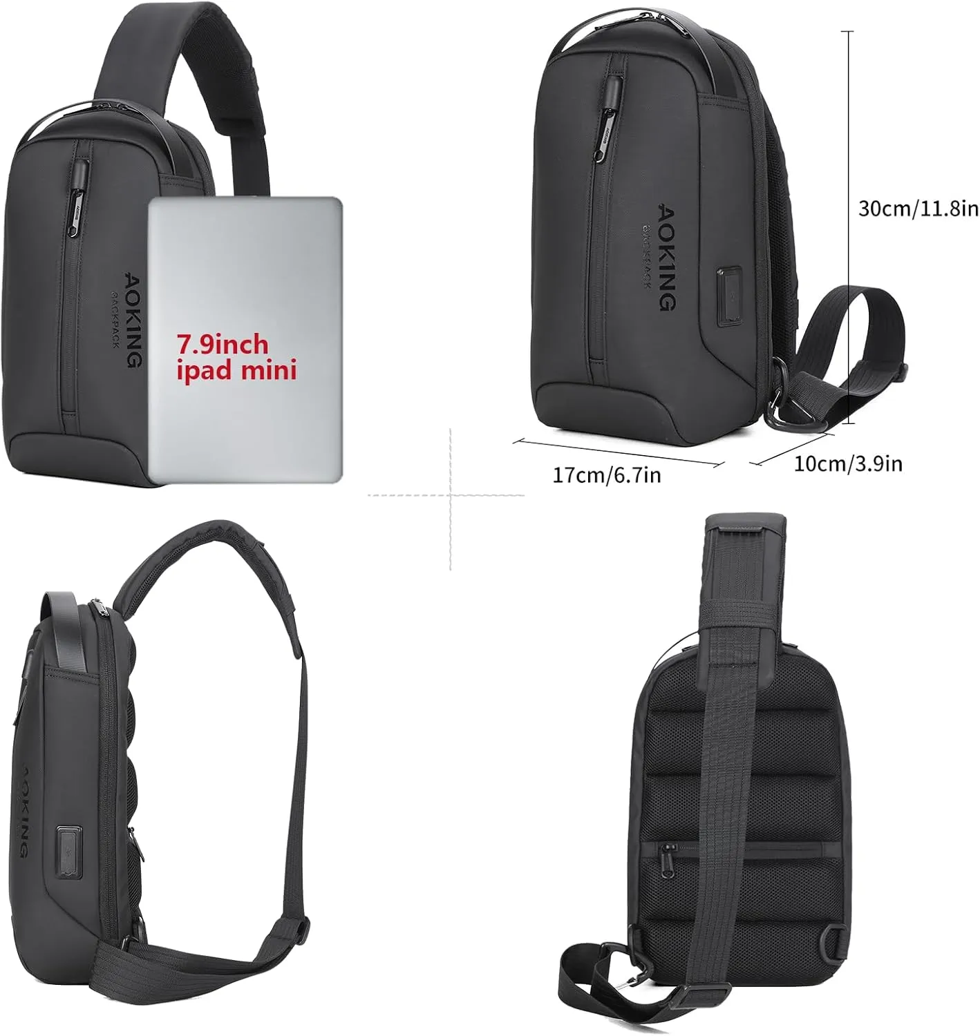 AOKING Lightweight Sling Bag for Men,Waterproof Crossbody Shoulder Backpack with USB Charging Port,Casual Cross Body Bag (Black)