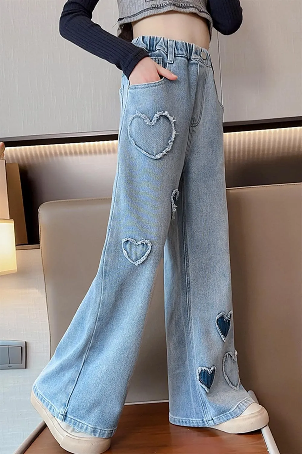 AOWKULAE Girls Jeans Elastic Waist Wide Leg Pants Kids Jeans 4-14 Years