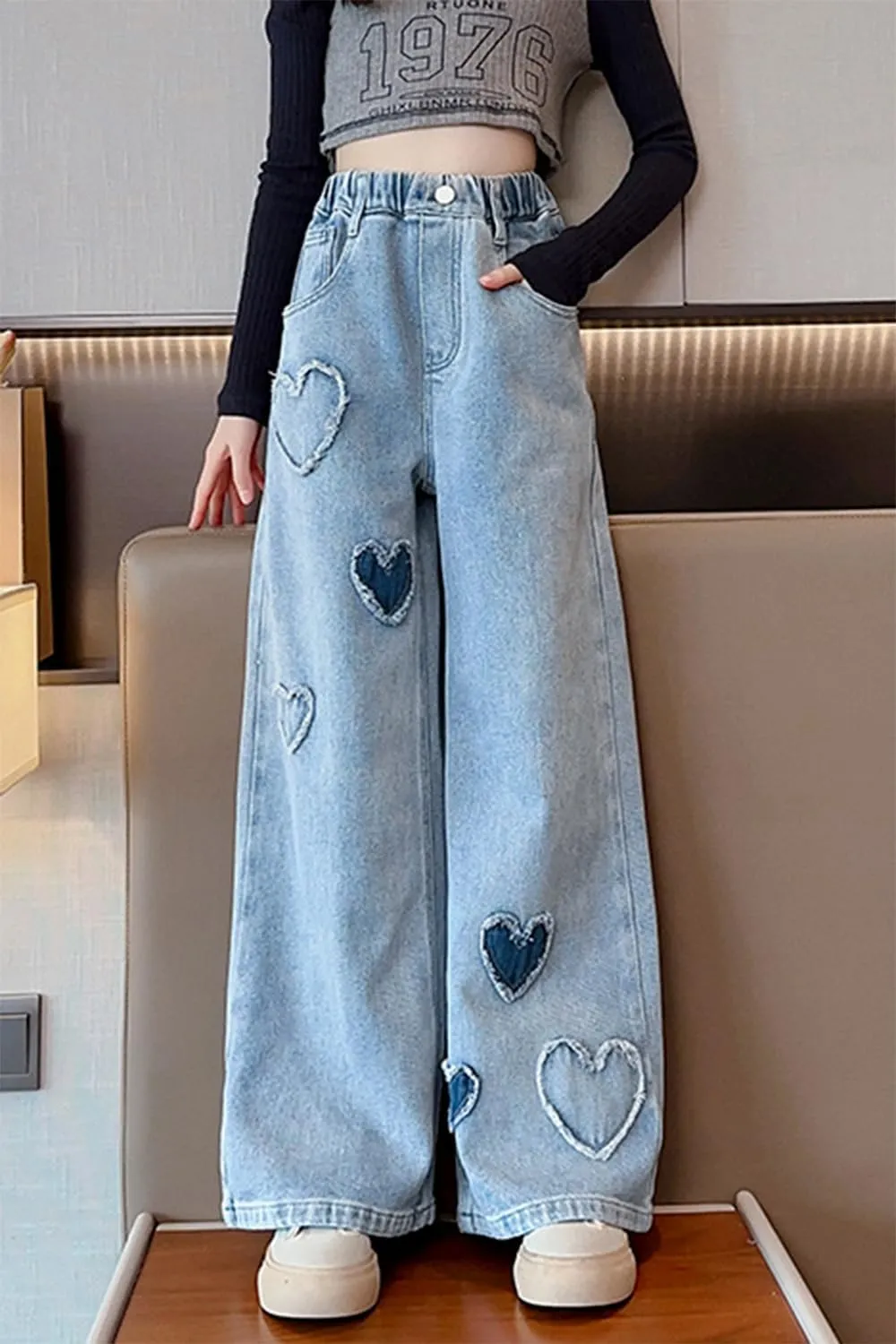 AOWKULAE Girls Jeans Elastic Waist Wide Leg Pants Kids Jeans 4-14 Years
