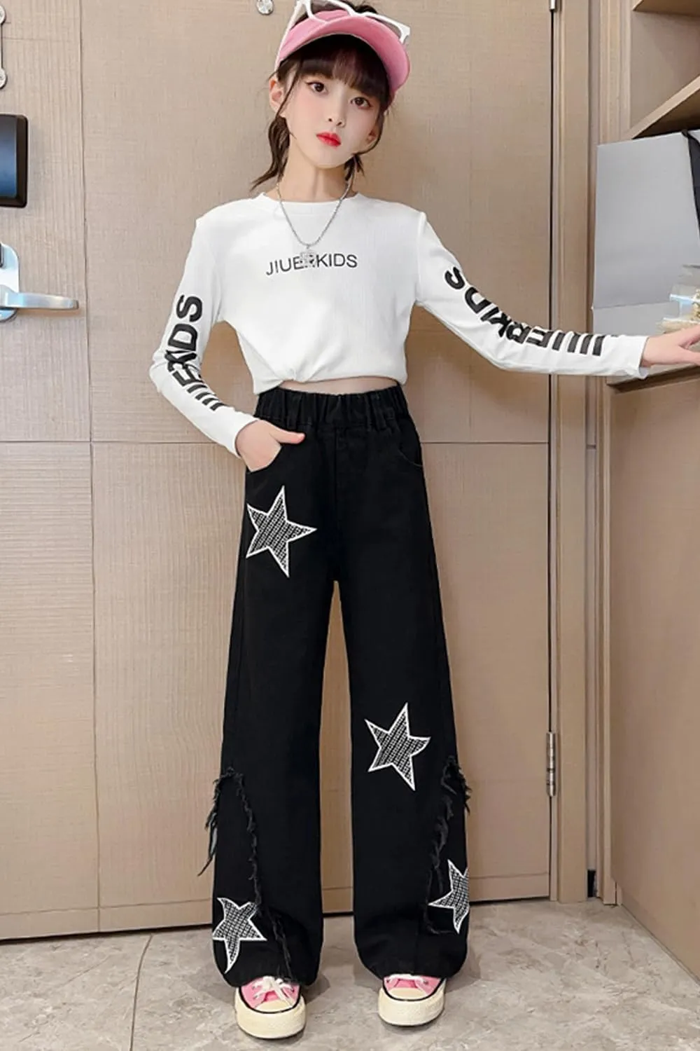 AOWKULAE Girls Jeans Elastic Waist Wide Leg Pants Kids Jeans 4-14 Years