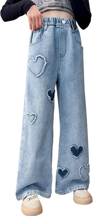 AOWKULAE Girls Jeans Elastic Waist Wide Leg Pants Kids Jeans 4-14 Years