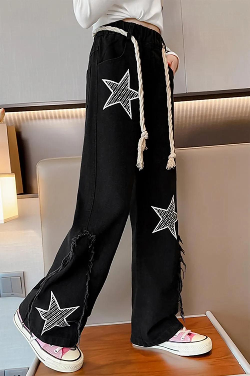 AOWKULAE Girls Jeans Elastic Waist Wide Leg Pants Kids Jeans 4-14 Years