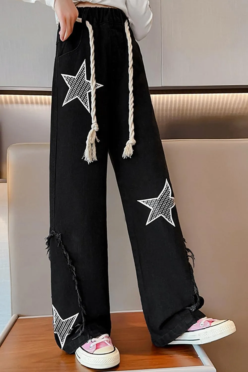 AOWKULAE Girls Jeans Elastic Waist Wide Leg Pants Kids Jeans 4-14 Years
