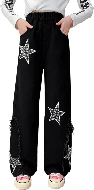 AOWKULAE Girls Jeans Elastic Waist Wide Leg Pants Kids Jeans 4-14 Years