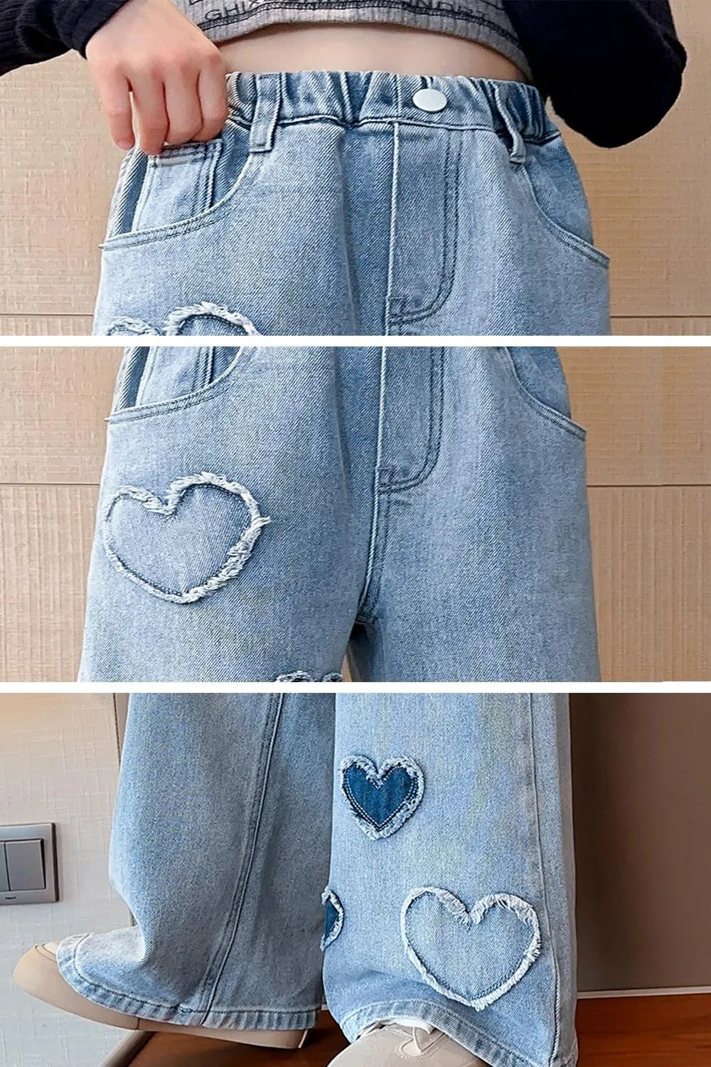 AOWKULAE Girls Jeans Elastic Waist Wide Leg Pants Kids Jeans 4-14 Years