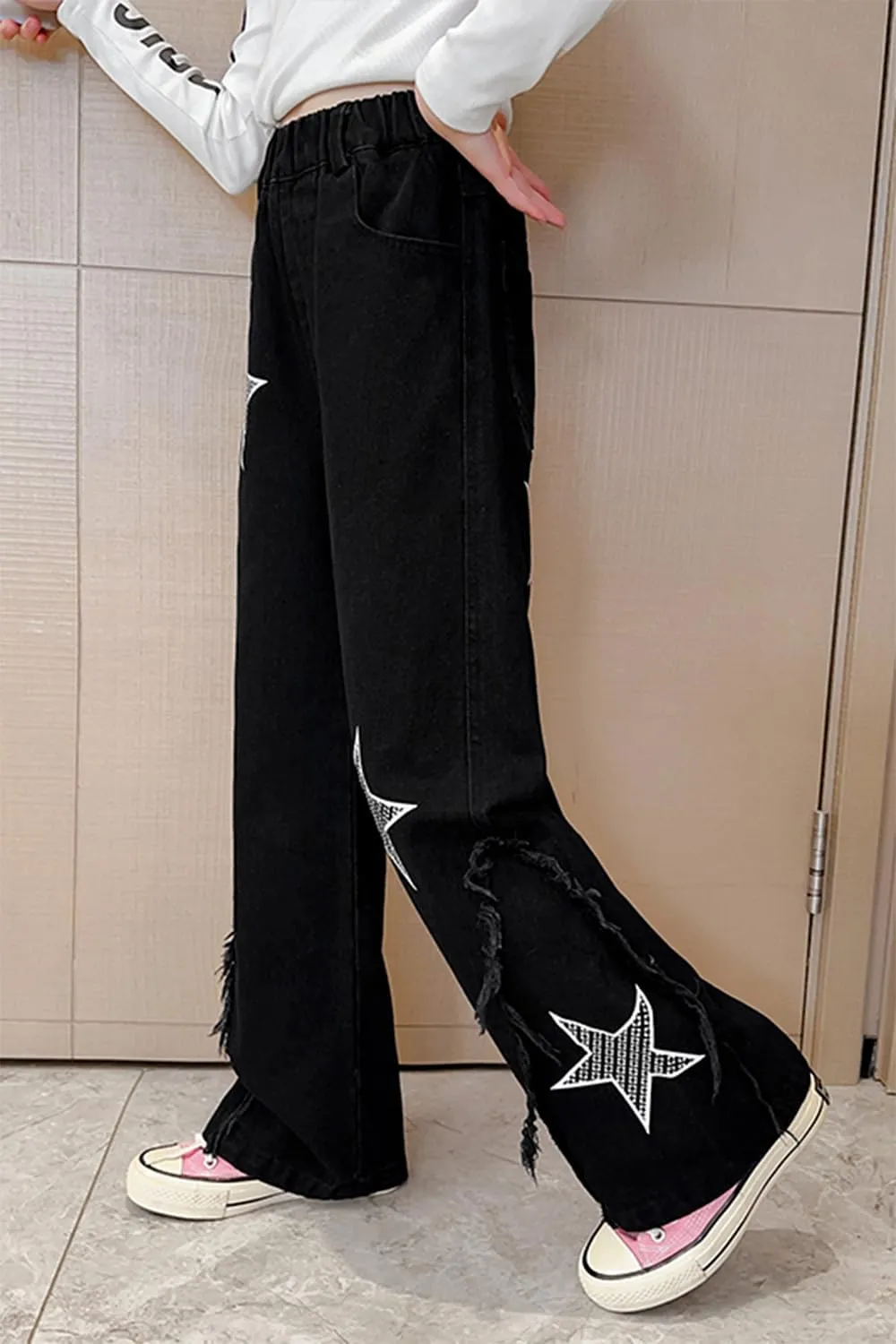 AOWKULAE Girls Jeans Elastic Waist Wide Leg Pants Kids Jeans 4-14 Years