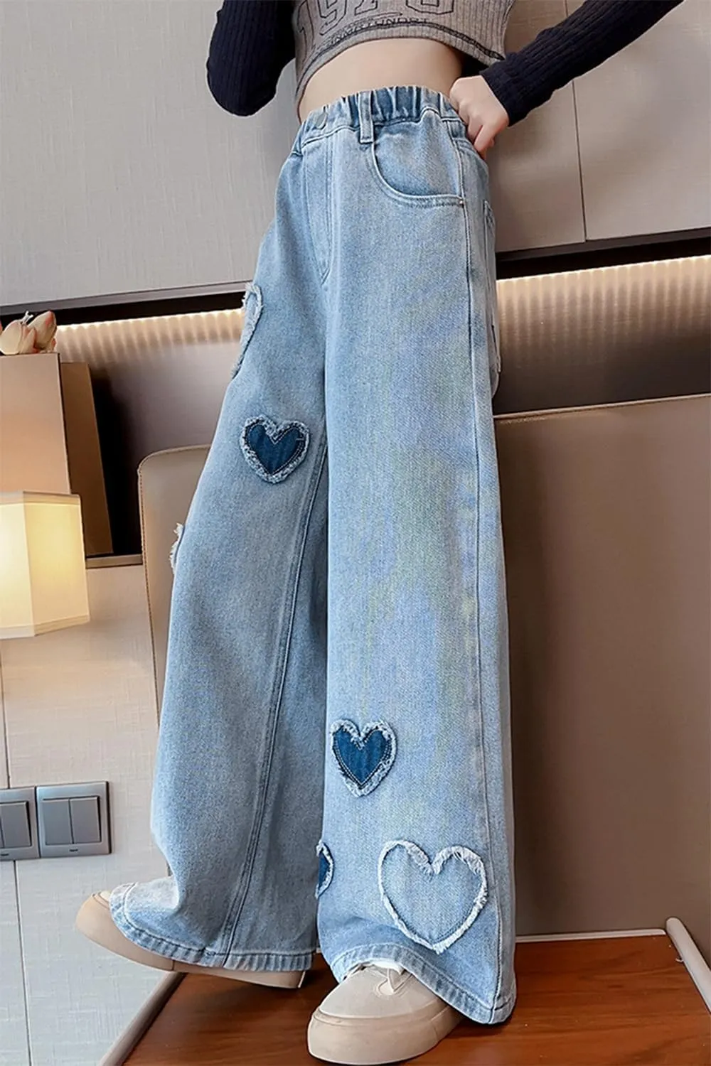 AOWKULAE Girls Jeans Elastic Waist Wide Leg Pants Kids Jeans 4-14 Years