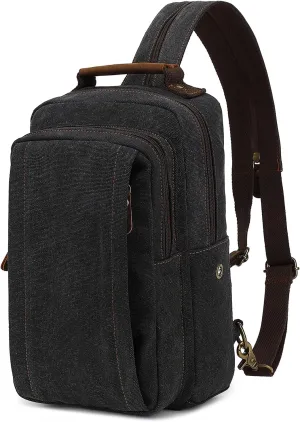 AUGUR Canvas Backpack Sling Bag Crossbody Small Bag Casual Rucksack for Men Women Cycling Hiking Travel(Black)