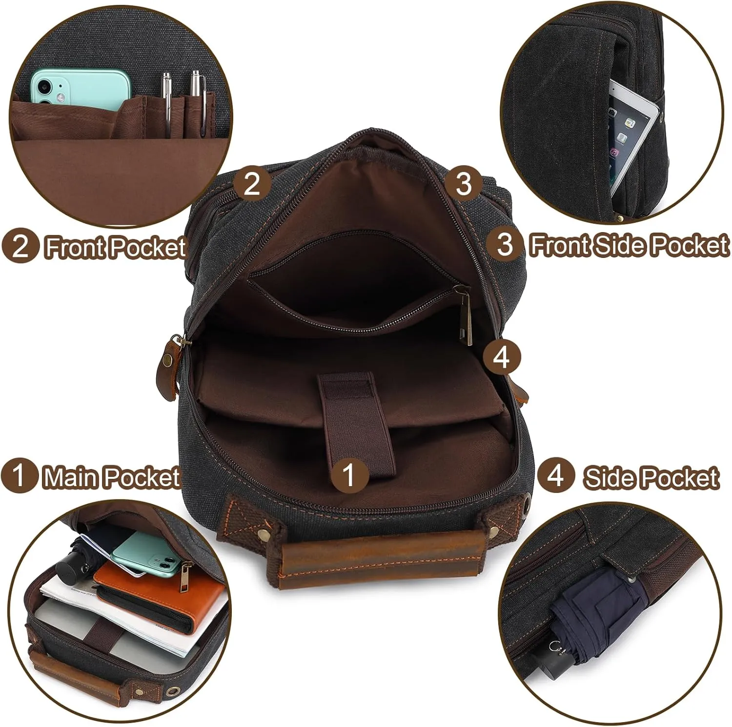 AUGUR Canvas Backpack Sling Bag Crossbody Small Bag Casual Rucksack for Men Women Cycling Hiking Travel(Black)