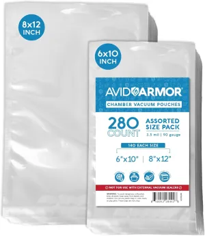 Avid Armor Chamber Machine Pouches 3.5mil, Pre-Cut Chamber Vacuum Sealer Bags, Heavy Duty Seal Pouch, BPA-Free Chamber Sealer, Assorted Size Pack, 6"x10", 8"x12" - Pack of 280