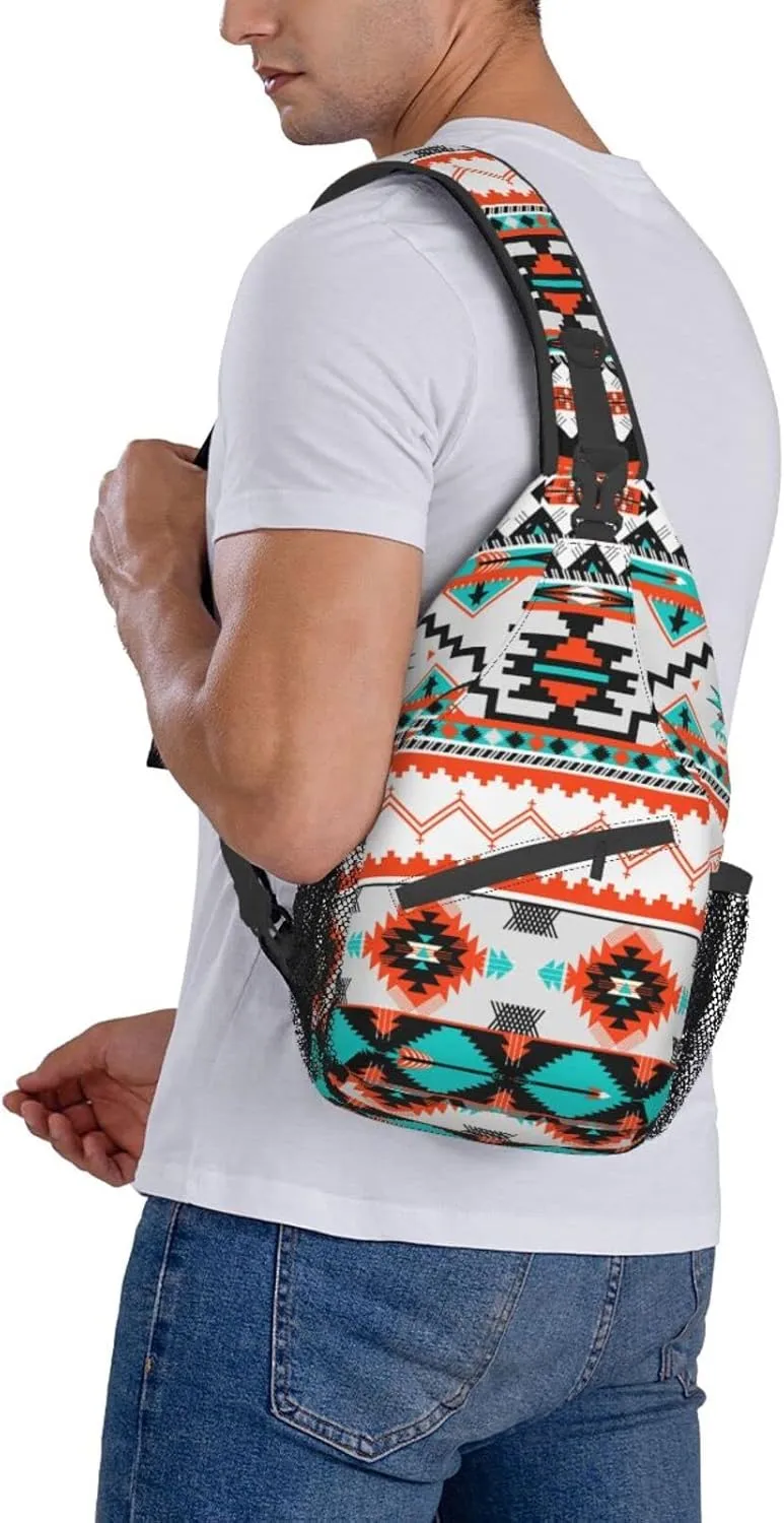 Aztec Design Sling Bag Crossbody Backpack Southwest Native American Geometric Chevron Colorful Aztec Pattern Sports Travel Hiking Daypack Navajo Print Chest Bag Shoulder Bag Unisex