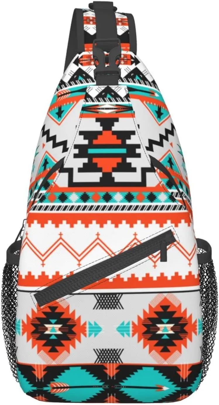 Aztec Design Sling Bag Crossbody Backpack Southwest Native American Geometric Chevron Colorful Aztec Pattern Sports Travel Hiking Daypack Navajo Print Chest Bag Shoulder Bag Unisex