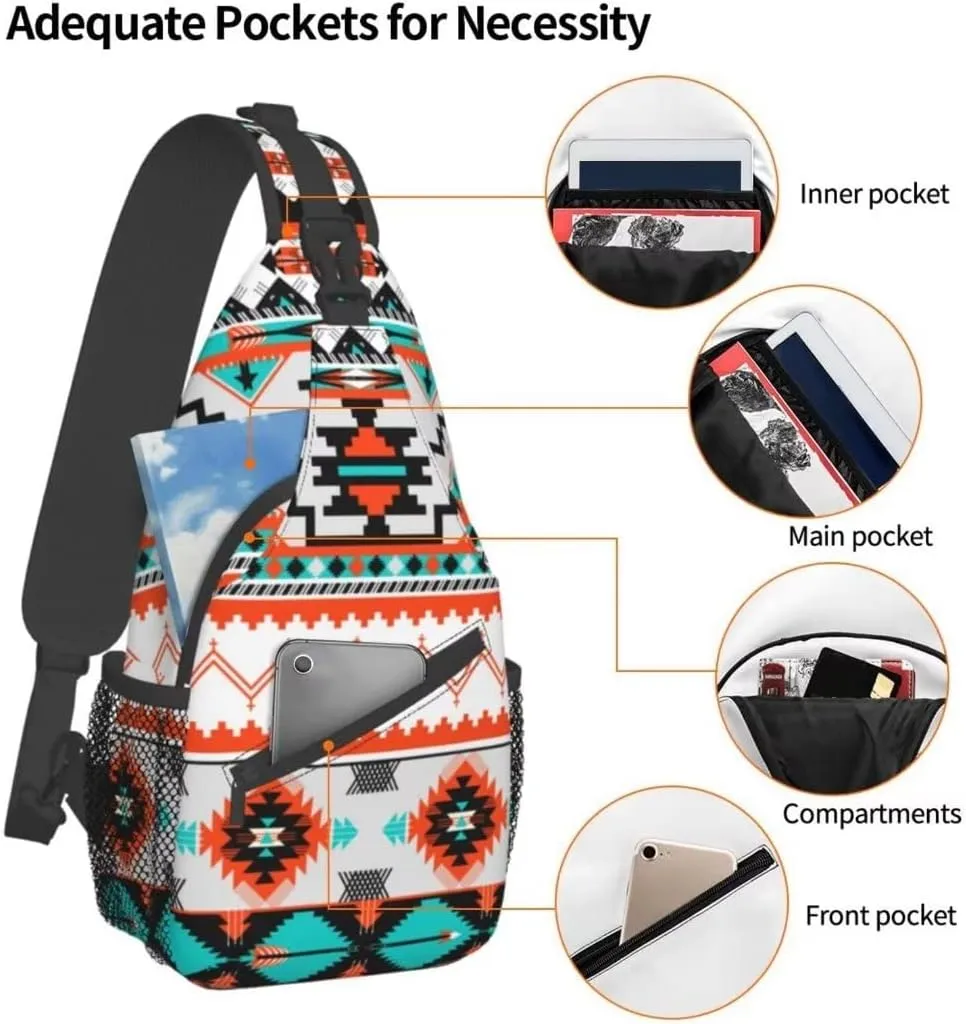 Aztec Design Sling Bag Crossbody Backpack Southwest Native American Geometric Chevron Colorful Aztec Pattern Sports Travel Hiking Daypack Navajo Print Chest Bag Shoulder Bag Unisex
